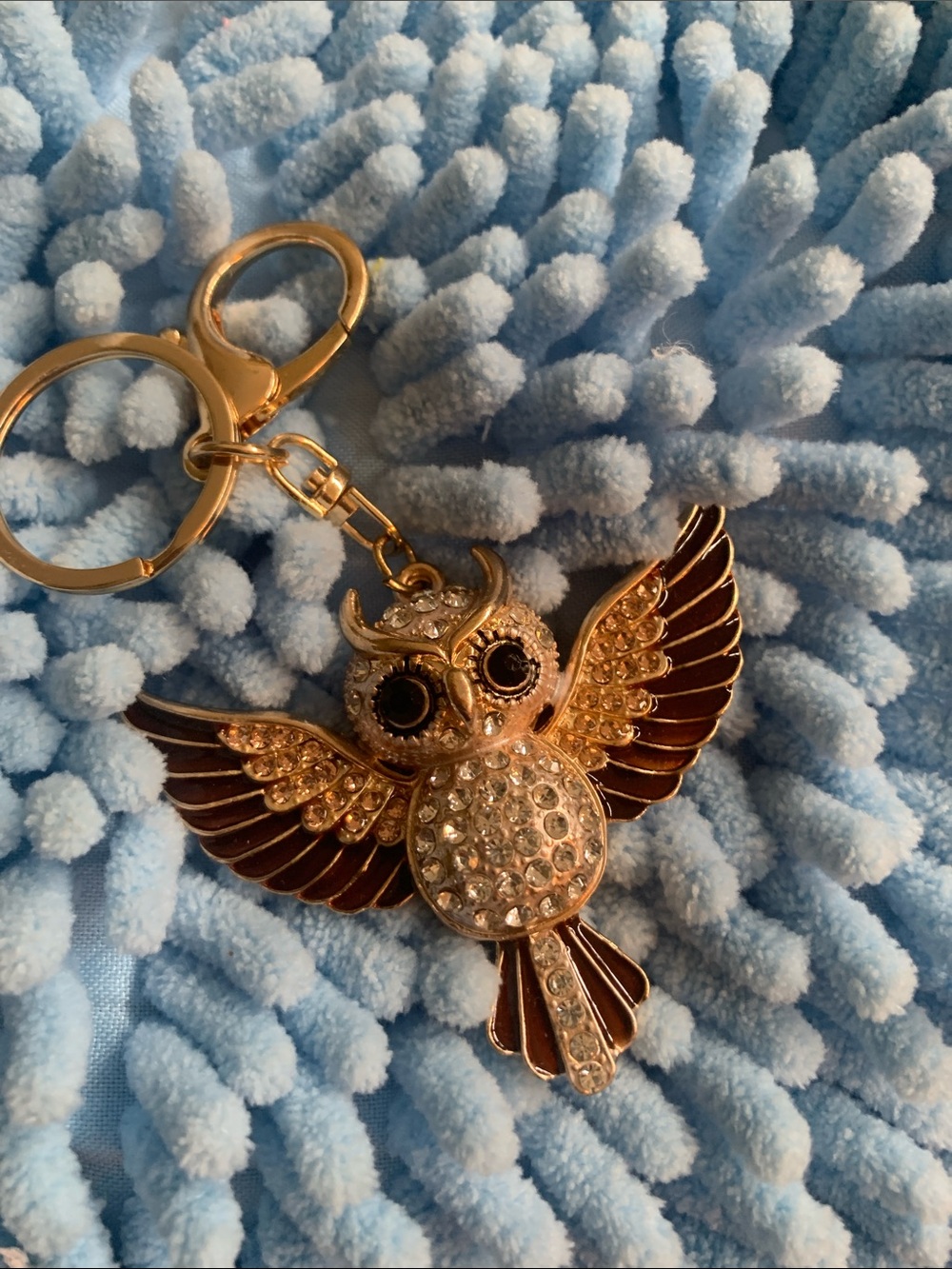 Gold-tone Crystal Owl Keychain with Brown Enamel Wings